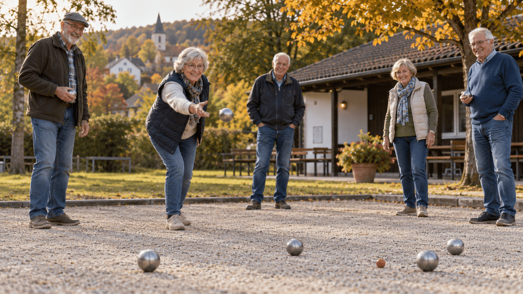 Fünf ältere Menschen spielen gemeinsam Boule auf einer Kiesbahn im warmen Herbstlicht. Eine Frau wirft eine Kugel, die anderen schauen lächelnd zu.