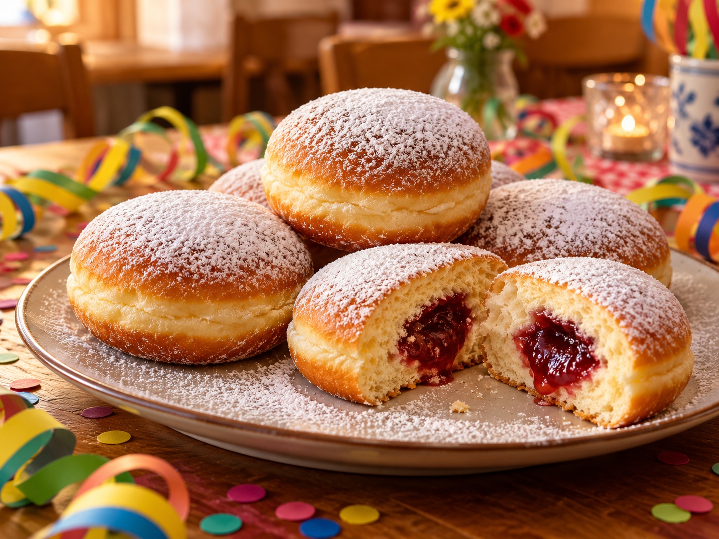 Kräppel mit Puderzucker und Marmeladenfüllung bei dezenter Faschingsdekoration