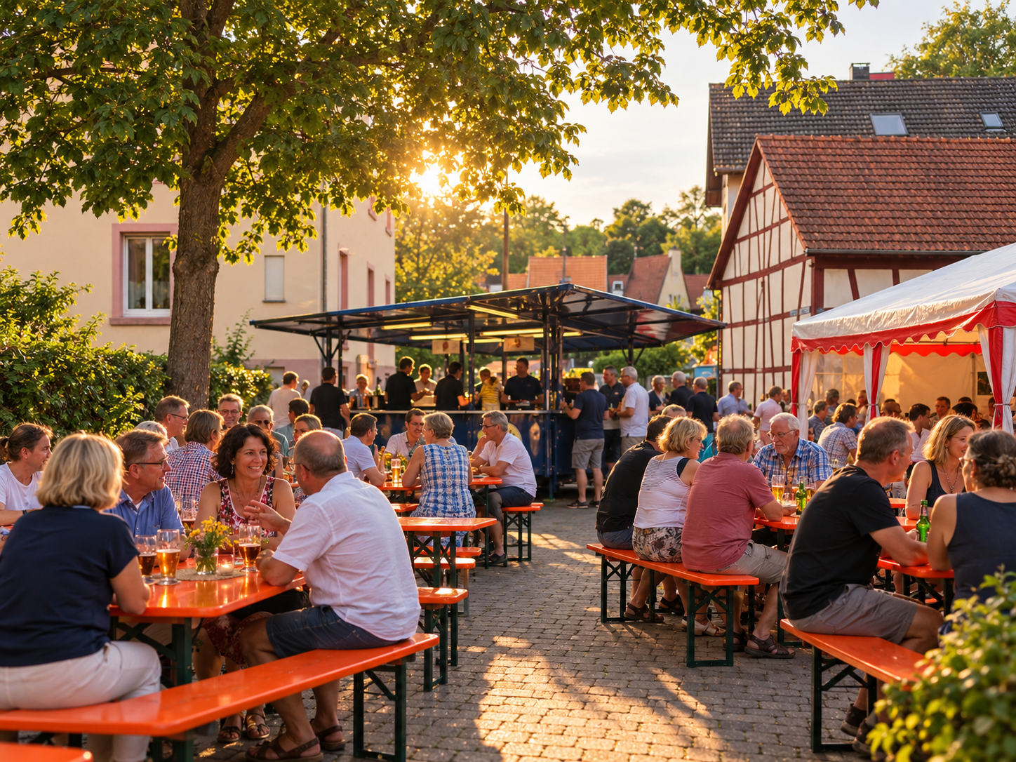 Geselliges Straßenfest mit orangefarbenen Festbänken unter einer Kastanie und Dorfhäusern in warmer Abendstimmung.